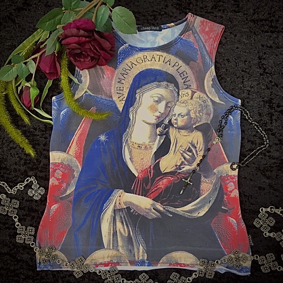 Cheap Thrill Tops - 90s Cheap Thrill Catholic Iconography form fitted top, size L *no bottom hem*